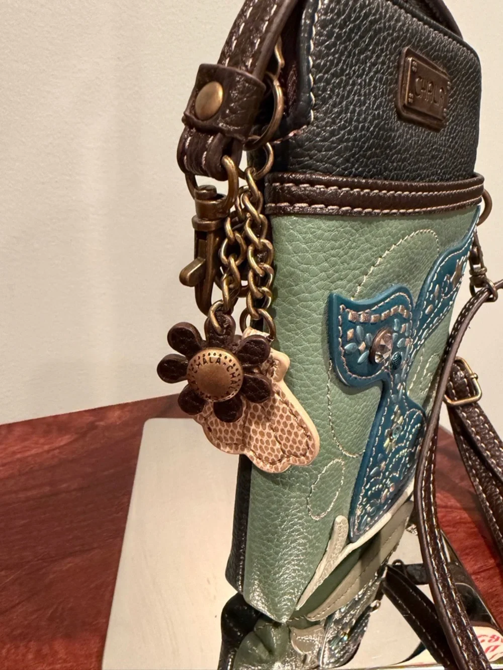 Chala Green Crossbody Bag with Blue Whale Tail Accent - Picture 2 of 7